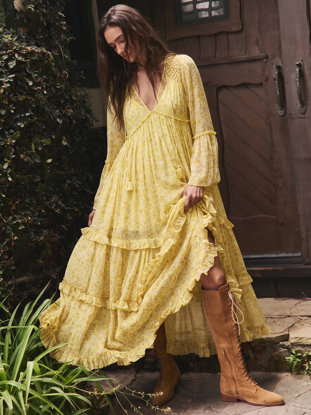 Free People Bohemian 70s Weeping Willows Maxi Dress in Butter Combo Large NWT